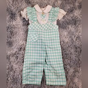 Vintage Tiny Tots Original Baby 24m Green Gingham Overalls Set